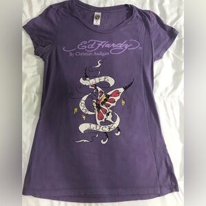 Vintage Ed Hardy purple butterfly tee with rhinestones.
